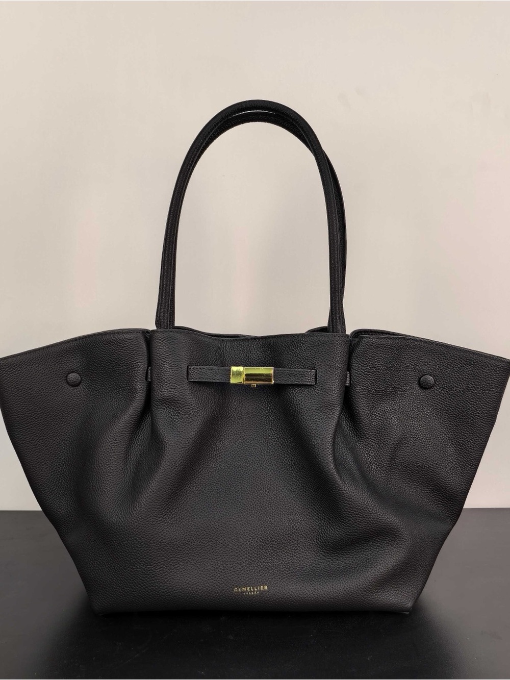 DeMellier Black Leather Tote with Gold Hardware Accent